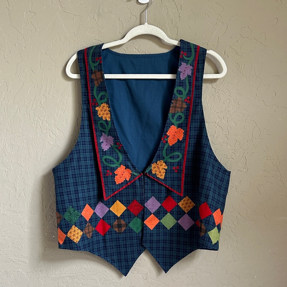 Homemade button front vest, fall themed,‎ pumpkin, apple red yellow blue orange